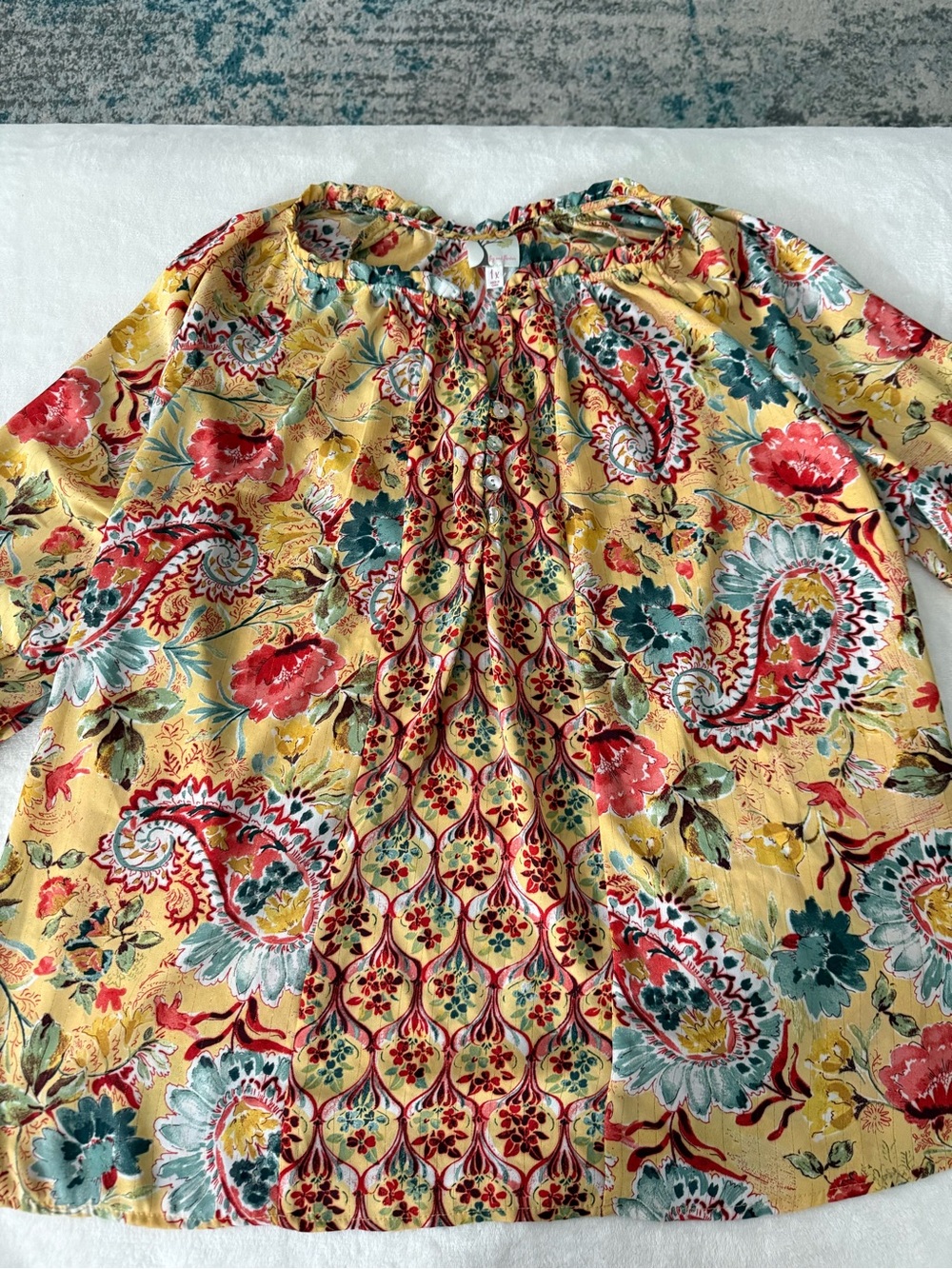 Anthropologie × Fig and flower Yellow Floral Patchwork Look Blouse Plus 1X D72